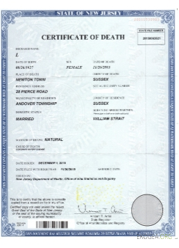 Certificat de décès du New Jersey aux États Unis